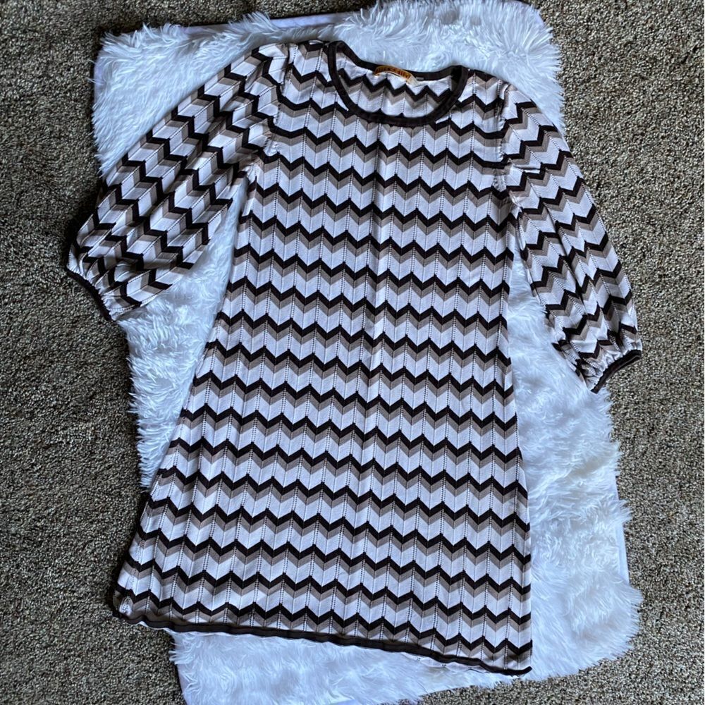 Alice + Olivia Knit Sweater Brown Cream Chevron Zig Zag Striped Dress Size Small